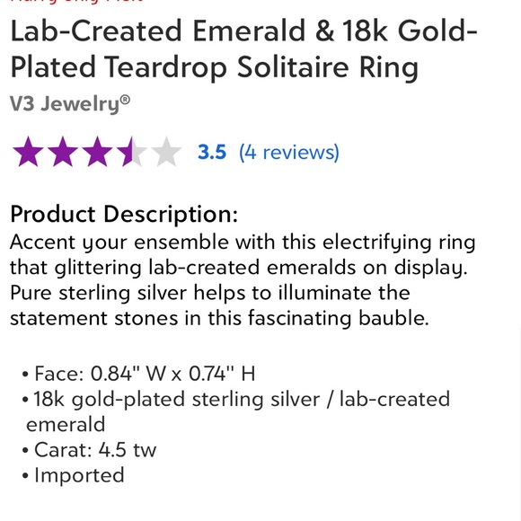 Lab created Emerald 18k gold plated teardrop ring - Picture 4 of 4